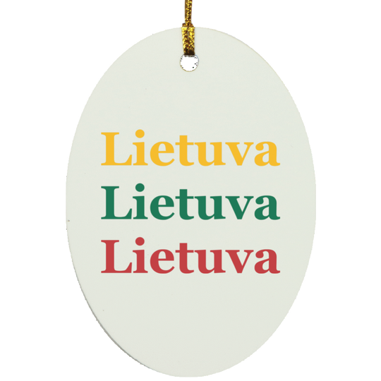 White MDF oval ornament with gold hanging loop and 'Lietuva' text design.