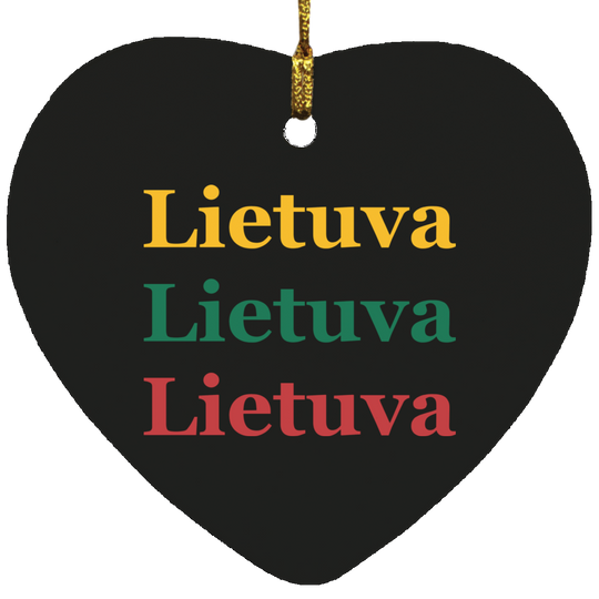 Black MDF heart ornament with gold-toned top loop and Lietuva lettering