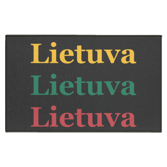 Black indoor doormat with three colorful Lietuva text lines, dark border