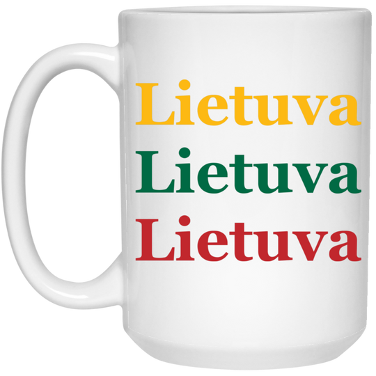 White ceramic mug with multicolor Lietuva text, curved handle