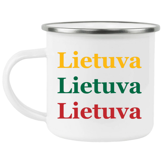 White enamel camping mug with Lietuva logo on front
