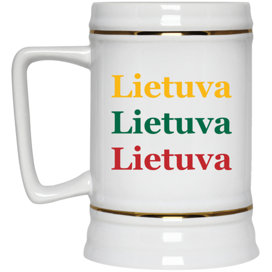 22 oz white ceramic stein with lid, gold rim, handle, and Lietuva lettering