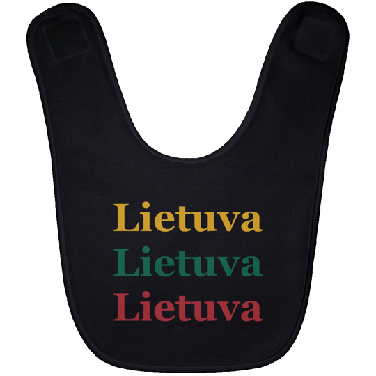 Black baby bib with repeated 'Lietuva' lettering