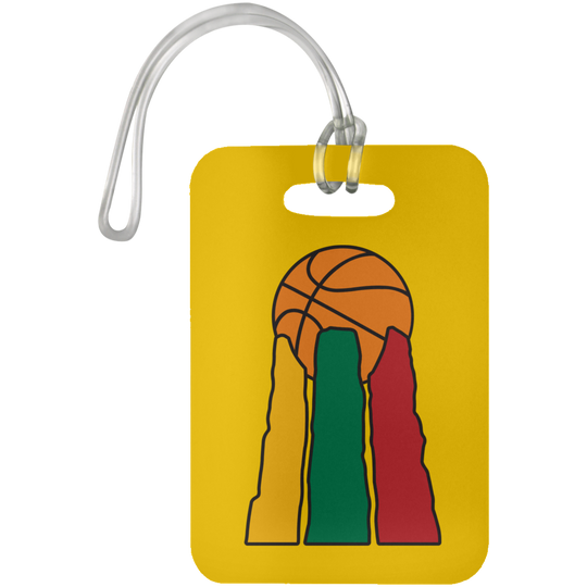 Luggage bag tag, athletic gold rectangular tag with basketball illustrated graphic and metal loop