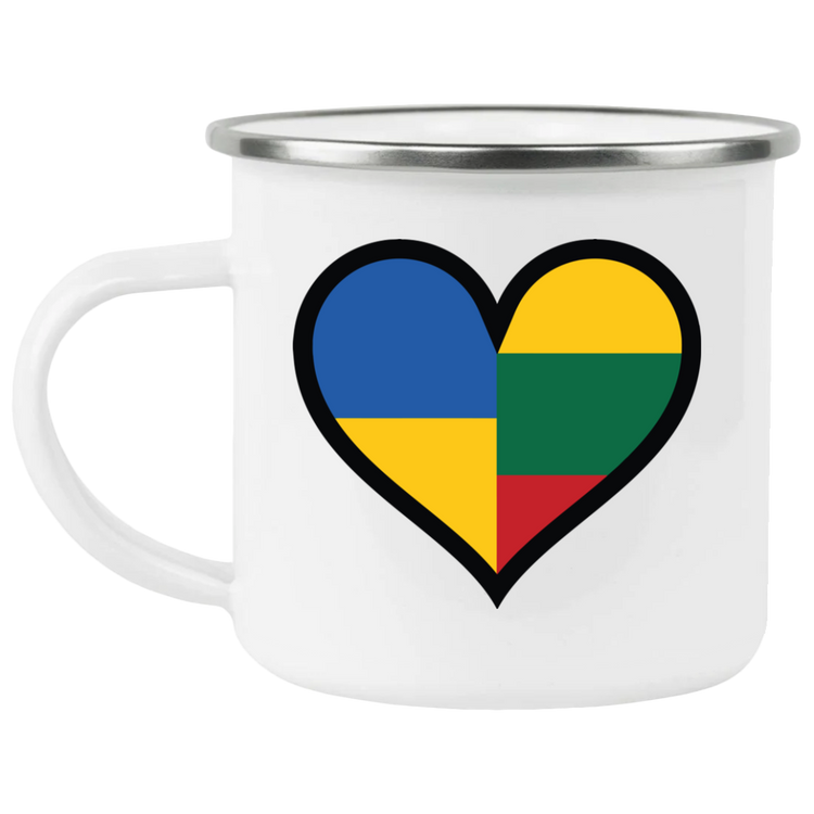 Lithuania Ukraine Heart - 12 oz. Enamel Camping Mug - Lithuania Strong