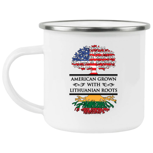 American Grown Lithuanian Roots - 12 oz. Enamel Camping Mug - Lithuania Strong