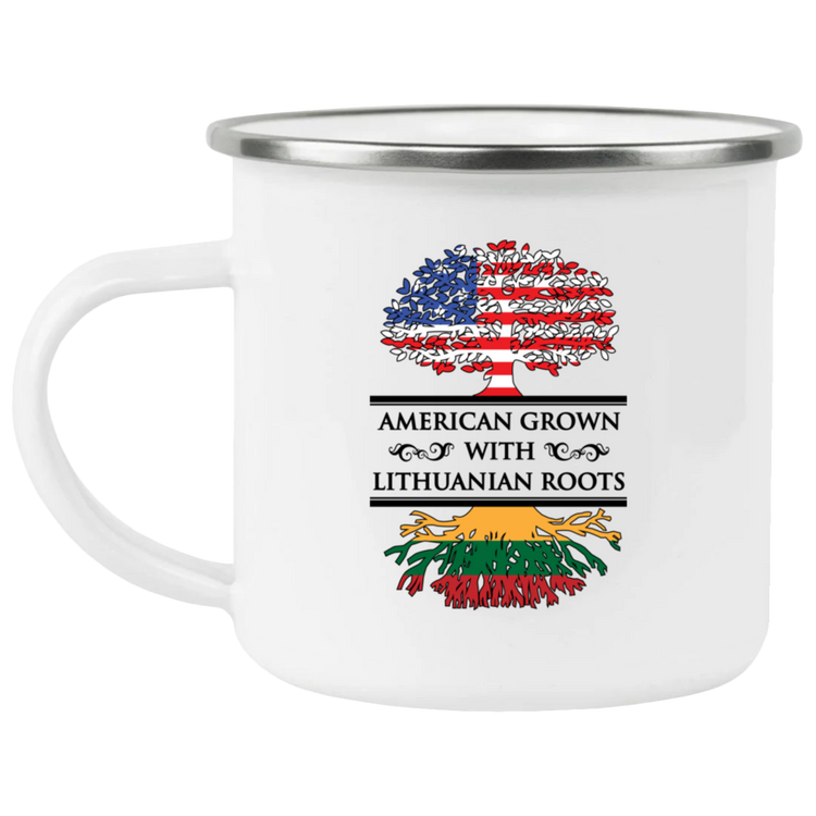 American Grown Lithuanian Roots - 12 oz. Enamel Camping Mug - Lithuania Strong