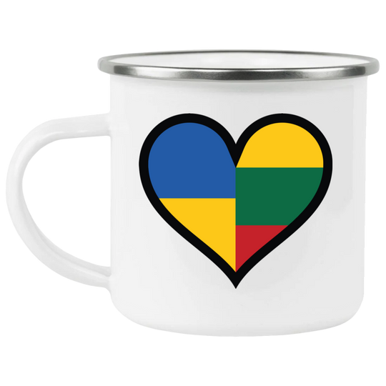 Lithuania Ukraine Heart - 12 oz. Enamel Camping Mug - Lithuania Strong