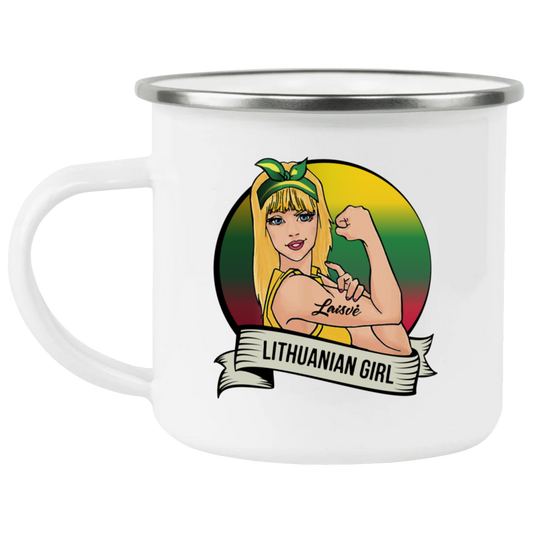 Lithuanian Girl - 12 oz. Enamel Camping Mug - Lithuania Strong