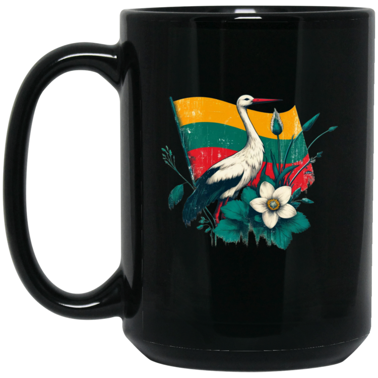 Lithuanian Stork - 15 oz. Black Ceramic Mug - Lithuania Strong