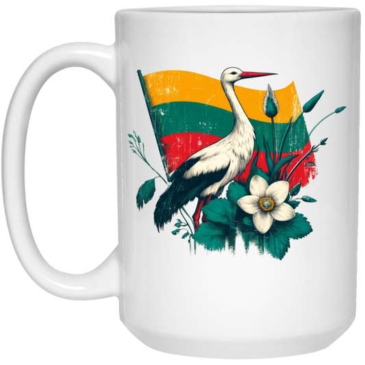 Lithuanian Stork -15 oz. White Ceramic Mug - Lithuania Strong