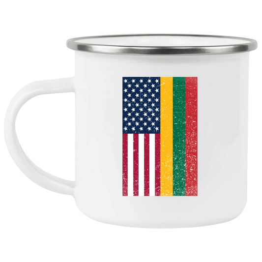 USA Lithuania Flag - 12 oz. Enamel Camping Mug - Lithuania Strong