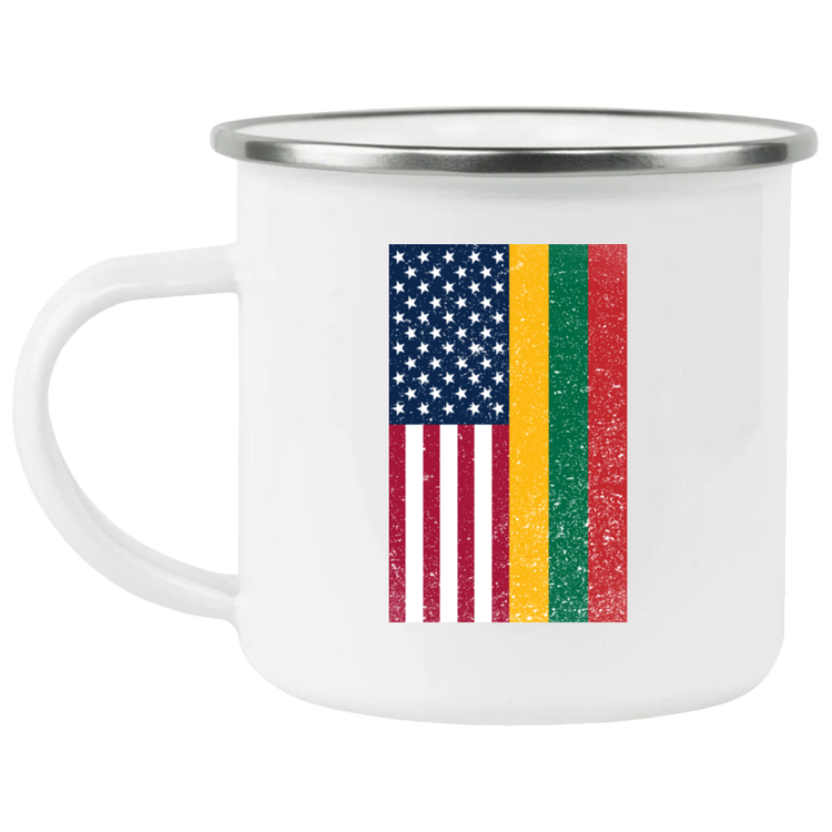 USA Lithuania Flag - 12 oz. Enamel Camping Mug - Lithuania Strong