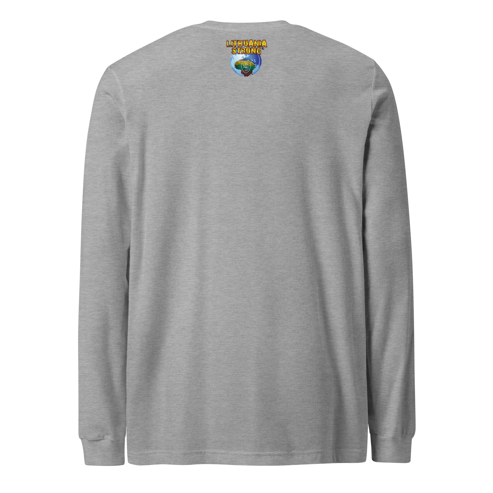 Dark grey heather long-sleeve T-shirt with small back crest logo near collar.
