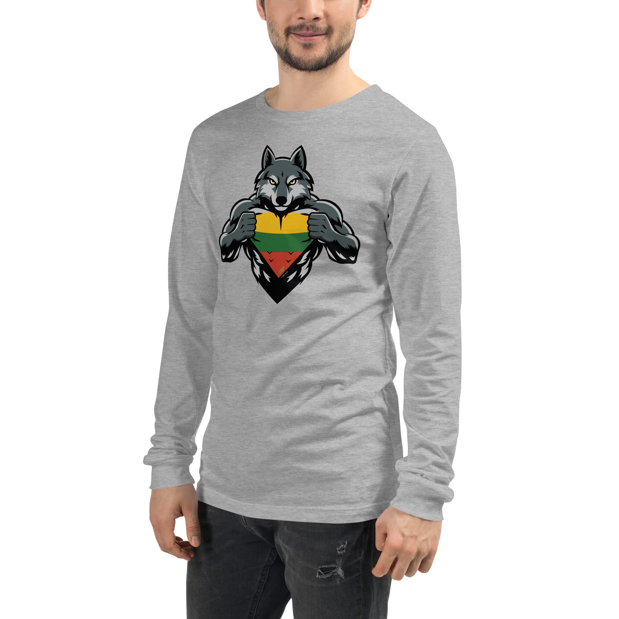 Light gray long-sleeve unisex T-shirt with wolf graphic chest print