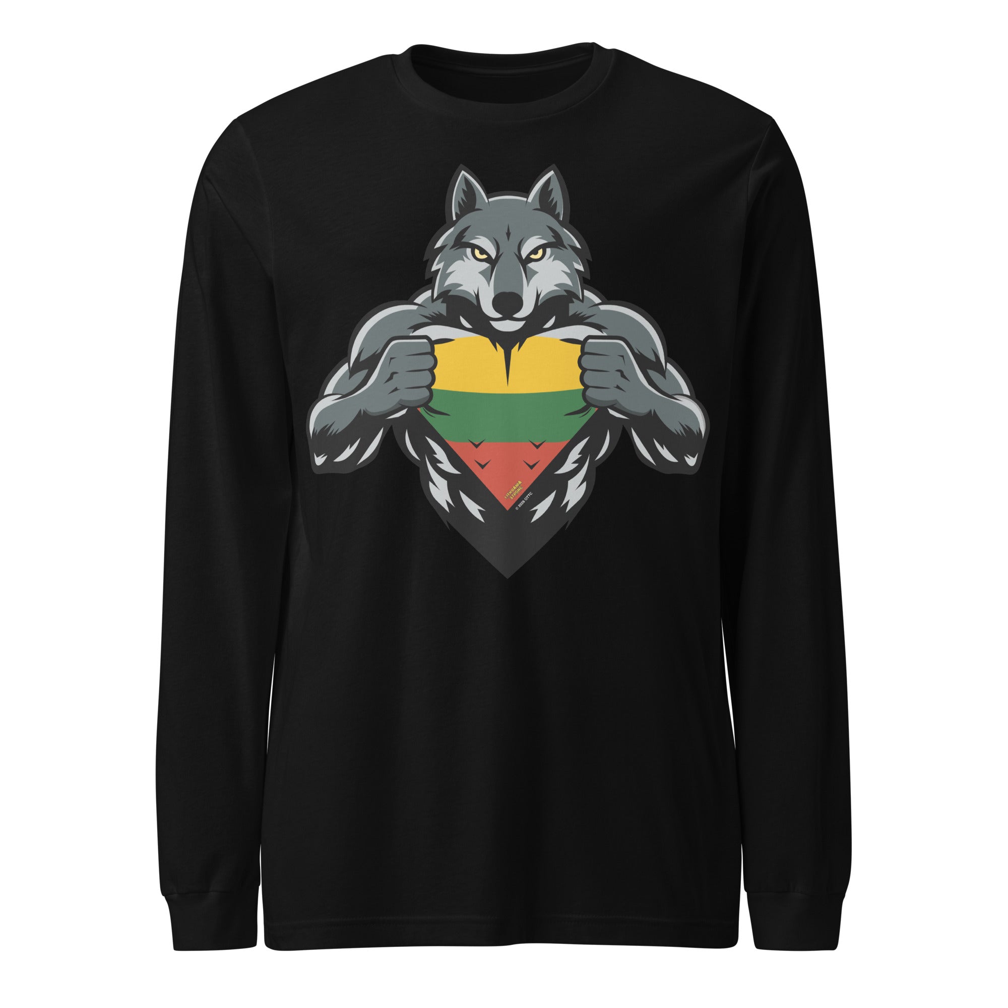 Black long-sleeve unisex T-shirt with large wolf graphic on chest