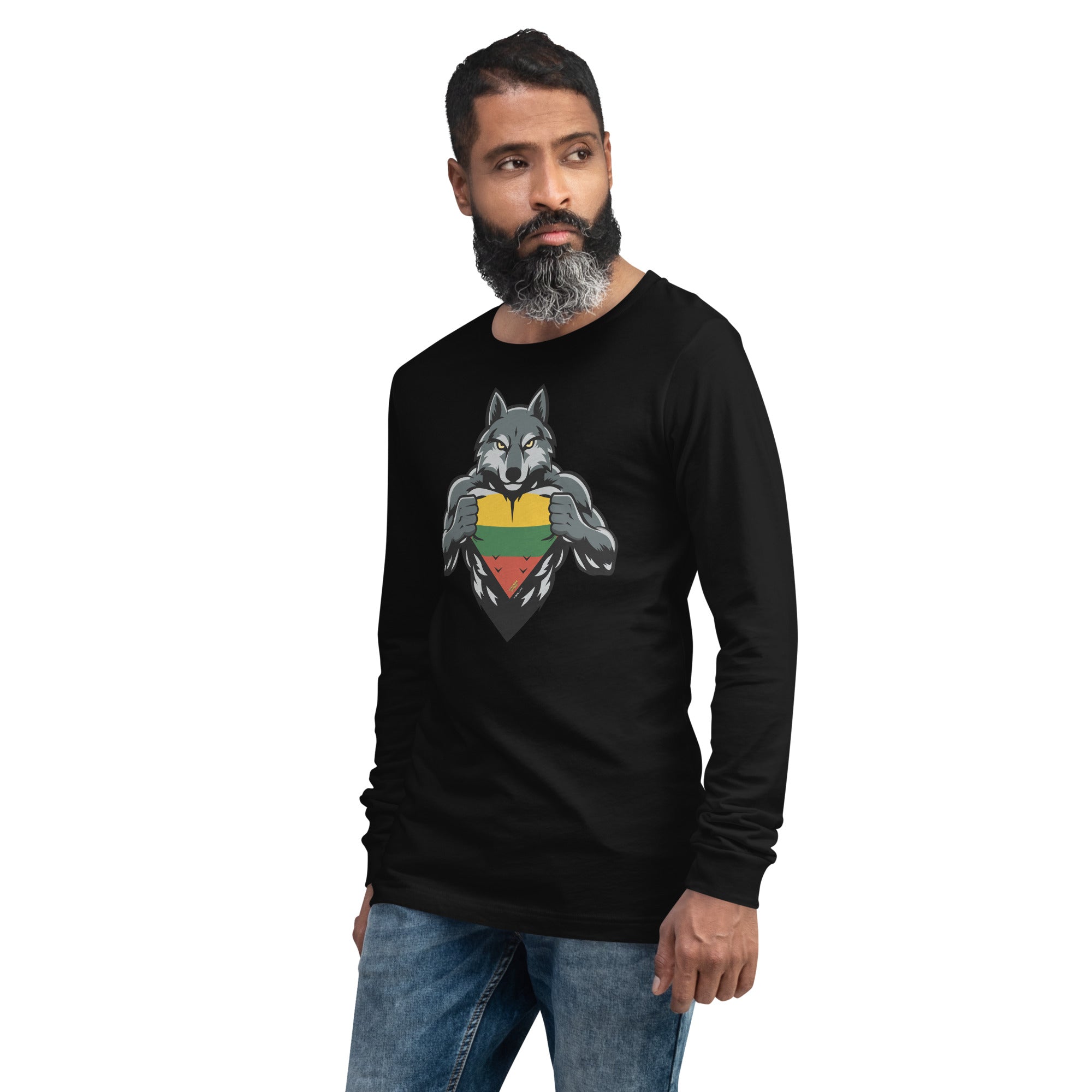 Black long-sleeve unisex T-shirt with wolf graphic chest print