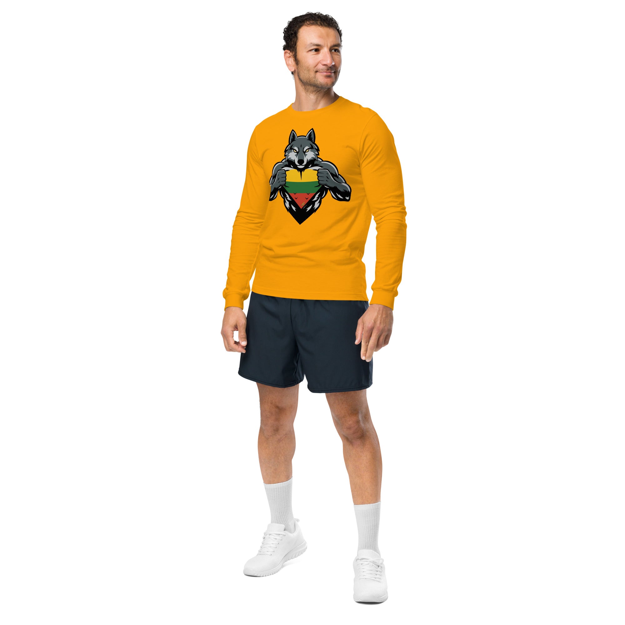 Orange long-sleeve unisex T-shirt with chest wolf graphic