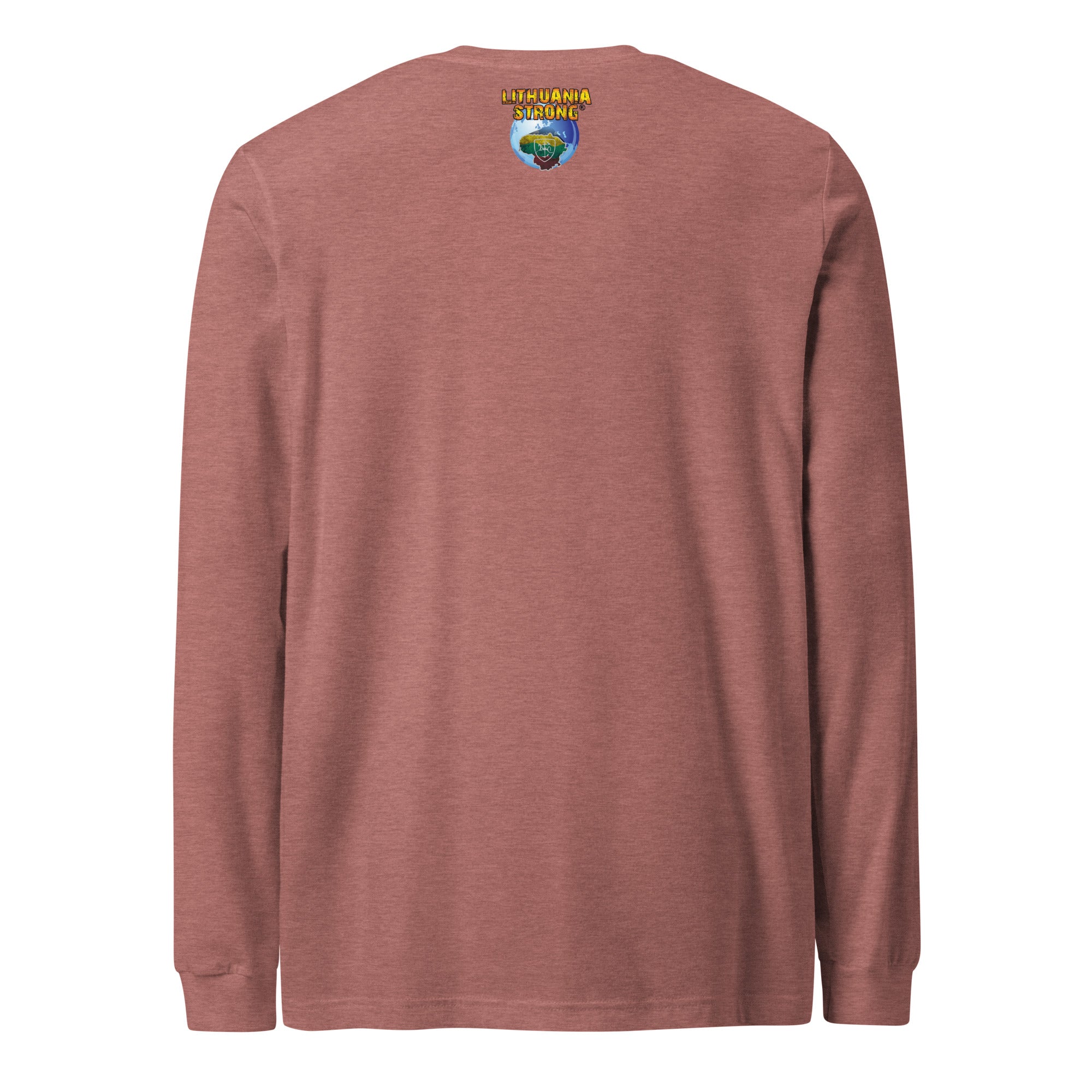 Maroon long-sleeve T-shirt with small back crest logo near collar.