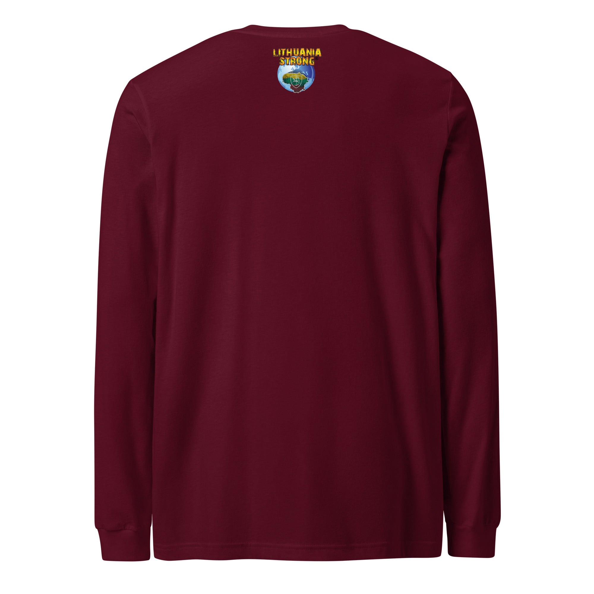 Maroon long-sleeve unisex T-shirt back with small multicolor crest logo
