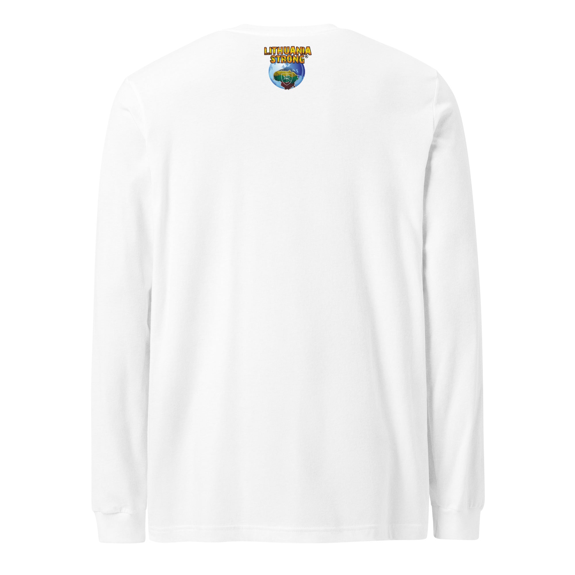 White long-sleeve T-shirt with small back crest logo near collar.